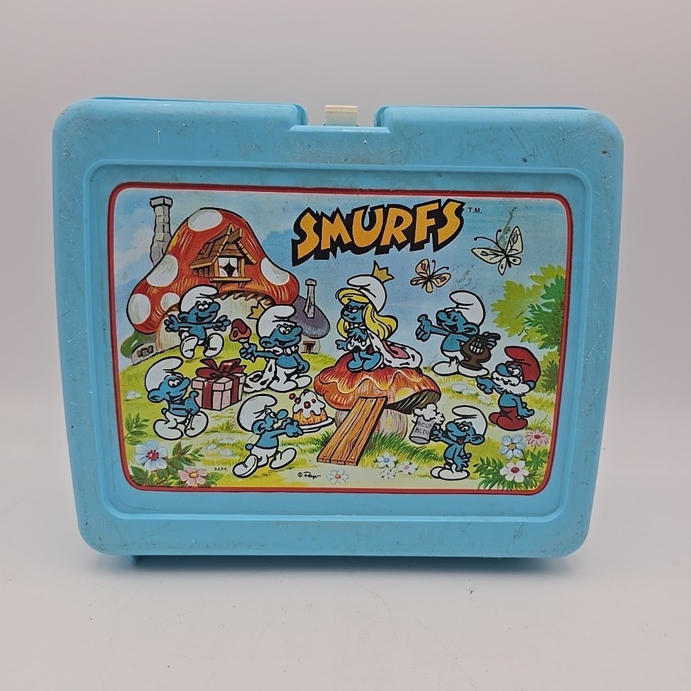 Vintage Smurfs Thermos Blue Plastic Lunch Box Lunchbox